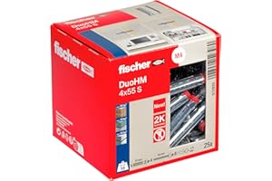fischer Tacos DuoHM 4 x 55 S PZ, tacos de placa con tornillo métrico y accionamiento PZ para fijar soportes de TV, lámparas, estantes de pared, etc., en materiales de construcción de paneles, 25
