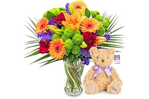 PRESTIGEFLOWERS Joyeux - Fleurs fraîches - Livraison le lendemain - Bouquet d'anniversaire - Cadeau d'occasion - Arrangement floral - Livré à votre porte - Fleurs naturelles (+ Ours en peluche)