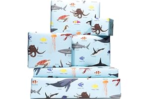 Central 23 - Carta da regalo per ragazzi - 6 fogli di carta da regalo per ragazze - Animali dell'oceano - Balena Delfino Squalo tartaruga - Carina carta regalo di compleanno blu per bambini