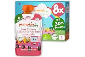 ‎PUMPKIN ORGANICS Pumpkin Organics Bio Gemüse-Getreide-Quetschies Birne, Erdbeere, Süßkartoffel, Rote Beete, Banane, Hafer ohne Zuckerzusatz - Babynahrung für Babys ab dem 6. Monat - vegetarisch (8x100g)