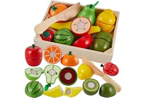 LINFUN KIDS Gioco Cesto Frutta da Tagliare Accessori Cucina Bambini Legno Giocattolo, Giochi Cibo di Simulazione Regalo Ragazzo Ragazza 3 4 5 6 Anni