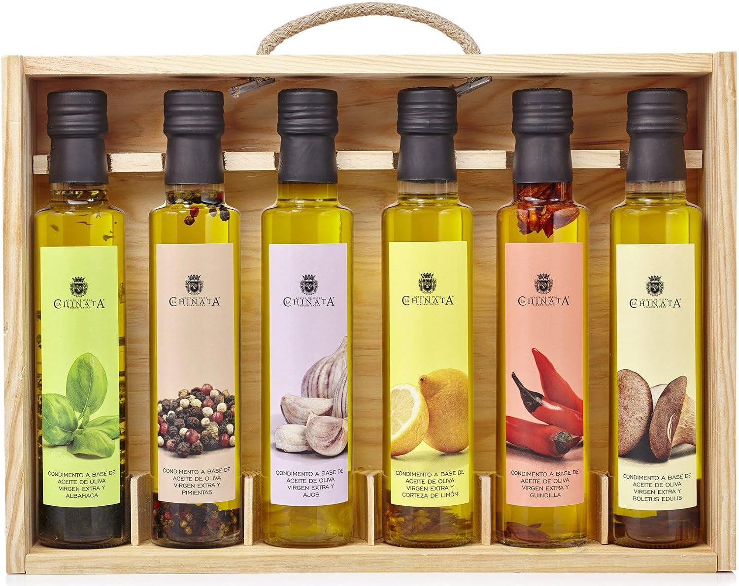 La Chinata Estuche 6 Condimentos con AOVE | Selección de Aceites de Oliva Virgen Extra Aromatizados (Ajo, Limón, Guindilla, Albahaca, Boletus y Pimienta) | Pack Gourmet | Regalos | 6x250ml