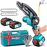 SEESII 6'' Mini Motosierra Bateria 8000mAh, Motosierra Eléctrica Bateria con Depósito Para El Aceite y Cadena Reemplazable, M