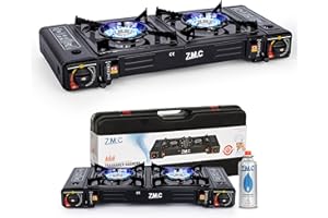 Z.M.C ZMC - Hornillo de gas para camping (2 focos, incluye adaptador para conexión LPG, hornillo de camping con seguro de encendido para exterior e interior, doble cocina de gas con encendido