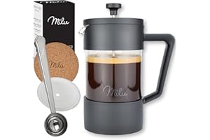‎MILU Milu French Press Kaffeebereiter | 350ml, 600ml, 1L | Glas Kaffeepresse, Kaffeezubereiter für Zuhause Reisen Camping inkl. Untersetzer, Löffel, Ersatzfilter (Schwarz, 350ml (2 Tassen)