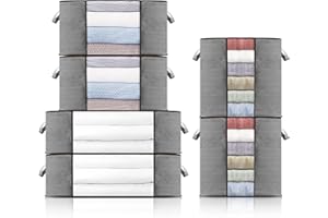 Tahbarshi 6 Piezas Caja de Almacenamiento de Ropa 60L 70L 90L, Caja de Tela Plegable con Manija y Ventana Transparente para Almacenar Toallas, Edredones, Mantas, Ropa de Cama, Gris