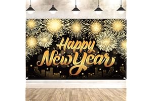 LECONCES Großes Happy New Year Banner, 2024 Silvester Dekorationen, XXL Neujahr PartyDekoration Schwarz und Gold, 2024 Neujahr Hintergrund Banner für Silvester Dekoration