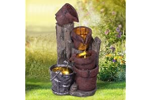 AMUR Fuente de jardín, Fuente Decorativa, Fuente Interior, Fuente, Cascada, Fuente de Agua para jardín (Fuente Forestal con luz LED - 230 V)