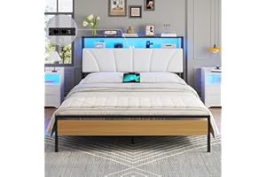 Brinlawb Cadre de lit 140x200 avec Sommier Métal Lit 2 Personnes avec Lumières LED et Multiprise (2 Prises AC, 2 Ports USB) lit Double en Métal avec Rangement, Facile à Assembler, Moderne, Noir+Blanc