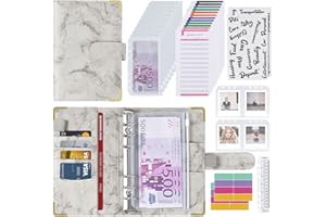 DUNSOO Carpeta Anillas 6, A6 Budget Binder, Agenda Anillas con Carpeta Organizadora, Cuero de Pu Organizador de Dinero con Bolsas de Transparente para Guardar Tarjetas Fotos Facturas (Gris)