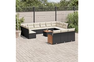 Faroom Sofa Jardin Exterior de Ratán, Conjunto Jardín de Ratán con Cojines, Conjunto Muebles Jardin Exterior con Almacenamiento, Conjunto Terraza con Cojines, Negro y Crema 14 pzas-Type-229