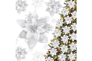 XIMISHOP 24 Pieces Glitter Christmas Poinsettia Flowers，Silver Artificial Poinsettia Christmas Flowers for Xmas Tree Wreath Decorations Wedding Party Decor