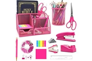 QpenguinBabies Hot Pink Desk Organizer Set, Office Accessories, 17-Piece, Vibrant Hot Pink, Rectangular, Tabletop Mount, Organizational Drawer & Robust Construction