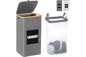 Uross Laundry Hamper with Lid- 100L Large Laundry Basket with Bamboo Handles, Clothes Hamper with Lid for Bedroom, Tall Laundry Hamper Basket with Lid, Big Dirty Clothes Hamper for Laundry, Grey