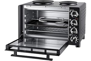 ‎UNOLD UNOLD 68885 KLEINKÜCHE All in One, 600-1.500 W, 30 L Volumen, Back-Grill-und Drehspießofen mit 2 Kochplatten, Metall, Schwarz