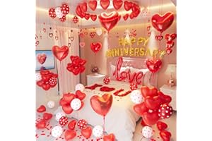 CONLEKE Anniversary Decorations Valentines Day Balloons Arch with Happy Anniversary Banner Heart I Love You Balloons Red Felt Heart Hanging String Rose Petals for Valentines Romantic Decorations