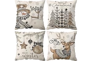 Joyshare Fundas de Cojín Navidad Lote de 4, 45x45 cm Fundas Cojines Decorativos de Lino con Muñeco de Nieve, Reno, Árbol de Navidad para Sofá Cama Decoración Navideña
