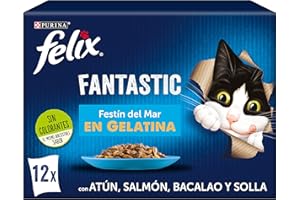 FELIX Fantastic, Comida Húmeda para Gato Adulto, Gelatina, Surtido de Atún, Salmón, Bacalao y Solla, 6 Packs de 12 Sobres de 85 g. (72 Sobres)