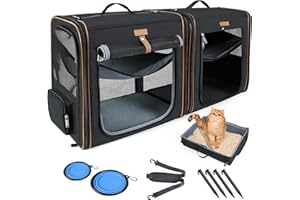 Lekeinchi 2-in-1 Cat,Dog Carrier for Small Medium Large Pets up to 35 Lbs, (17.7"*2)*16.5"*13" Car Travel Carrier with Litter Tray, Bowl and Locking Zipper (Black)