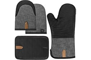 BONTHEE Guanti da forno resistenti al calore Set di mini guanti da forno Guanti da forno con strisce di silicone antiscivolo per cucinare e cuocere - Set di 4 -Nero