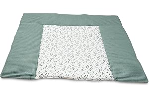 ULLENBOOM Wickelauflage 85x75 cm Waffelpiqué Floral Grün (Made in EU) - Wickelunterlage Waschbar und für Unterwegs geeignet, Bezug: 100% OEKO TEX Baumwolle, Wickeltischauflage 75x85