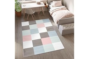 TAPISO Baby Tappeto Gioco Bambini Sala Giochi Cameretta Bambini Ragazzi Camera Morbido Motivo Geometrico Quadrati a Scacchi Multicolore Grigio Rosa Blu Pelo Corto 160 x 220 cm