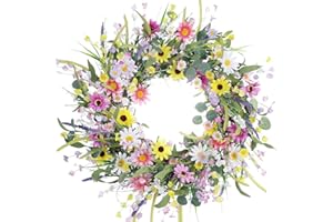 CCUUHJ 50CM Spring Wreath for Front Door Summer Artificial Daisy Lavender Wreath,Wildflower Summer Silk Wreaths forHome Wall Wedding Festival Farmhouse Holiday Decor (Pink-50cm)