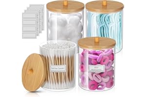 WACAR Paquete de 4 soportes Qtip,Tarros de boticario Qtip Dispensador de botes con tapa y etiquetas, esponjas de maquillaje, pinzas para el cabello