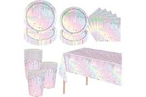 MIENOCOL Rainbow Shiny Glitter Party Tableware Set for Girls Women,81pcs Macaron Diamond Themed Birthday Disposable Dinnerware Paper Plates Cups Napkins and Tablecloth for Her Birthday Party