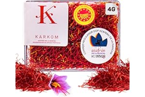 K KARKOM Safran en Filaments DOP, Safran Premium 100% Naturel, Safran en Filaments pour Paella Élaboré de Manière Traditionnelle, Épice pour Cuisiner, Filaments de Safran de Qualité Supérieure (4 gr)