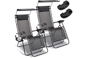 SUNMER Set of 2 Sun Lounger Garden Chairs With Canopy and Cup Holder | Adjustable Headrest Pillow | Deck Folding Recliner Zero Gravity Outdoor Chair – Black