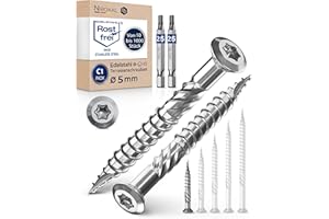 NIETFULLTHINGS 1000 sztuk śrub tarasowych o długości 5 x 40 mm | idealne do desek tarasowych 16 mm | nierdzewna hartowana stal nierdzewna C1 | Torx 25 w zestawie 2 bity | wkręty do drewna z płaskim łbem wpuszczanym