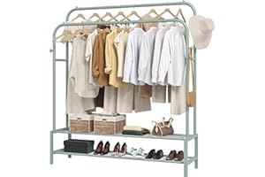 JOISCOPE Perchero Metálico gran Capacidad, Perchero Doble Varilla Perchero con Estantes 2 Postes de Ropa 2 Capa de Almacenamiento, Burros Percheros de Ropa Resistente, uno Burro Ropa 111*150.5cm Verde