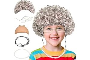 Orgoue 5 Piece Granny Wig Costume Set, Old Lady Costume Accessories Granny Grandma Cosplay Accessories Old Lady Cosplay Set con parrucca Cap Granny occhiali Collane Bracciale Collana di perle