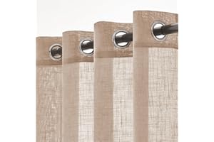 Woaboy Linen Curtains Living Room Semi-Transparent with Eyelets Store Curtain Linen Look Bedroom Modern Eyelet Curtain Loop Curtains Set of 2 140 x 225 cm (W x H) Light Brown