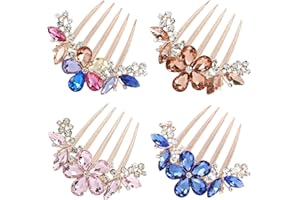 Cinaci 4 Pack Glitter Sparkly Jeweled Gems Crystal Rhinestones Flower Metal Hair Side Combs with Long Teeth Bun Slides Hairpins Barrettes Hair Clips Prom Wedding Accessories for Women Girls Brides