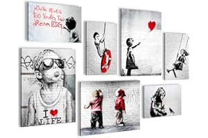 Novart Wandbilder Banksy Collage - KOMPLETT AUFHÄNGFERTIG - Street Art Wohnzimmer Büro- 7 Moderne Mood-Bilder - N003171a