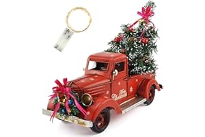 KuSONG Camion Rosse Vintage Natalizi con Mini Alberi di Natale Ornamenti Fattoria Artigianale Modello di camioncino in Natalizie Metallo Decorazioni da Tavolo per Le Vacanze（di Grandi Dimensioni）