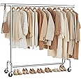 SONGMICS Clothes Rack on Wheels, Heavy-Duty Clothes Rail, with Extendable Hanging Rail, 130 kg Load Capacity, 45 x (110-150) x 162.9 cm, Chrome-Plated, Silver HSR11S