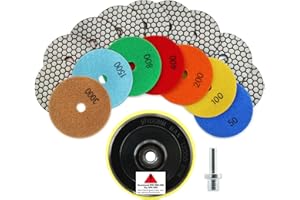 Diamante Almohadilla de Pulido en Seco - 7 piezas 100MM (#50/100/200/400/800/1500/3000) + M14 Plato de Apoyo + Adaptador,para Granito Mármol Piedra Artificial Cuarzo LEKOMESH
