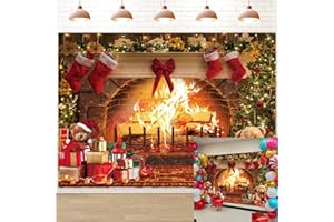 CINRAY Toile de fond vintage pour cheminée de Noël - 2,1 x 1,5 m - Sapin de Noël - Pour photographie de famille - Décorations de fête d'hiver - Accessoires photo pour portrait d'enfants