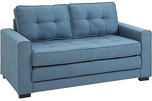 ‎HOMCOM HOMCOM Schlafsofa Klappsofa 2-Sitzer Stoffsofa Bettsofa Sofa mit Schlaffunktion Sofagarnitur Leinen-Touch Gummiholz Blau 147,5 x 75 x 85 cm