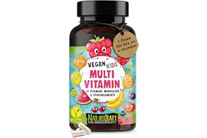 ‎NATURECRAFT Vegan Kids Multivitamin - Vitamin A+B1+B2+B3+B5+B6+B7+B9+B12+C+D3+K2+E + Cholin + Eisen + Zink + Jod + Kalium + Selen + Natrium + Magnesium - Komplex für Kinder mit 120 Kapseln (max. 4 Monats-Vorrat)
