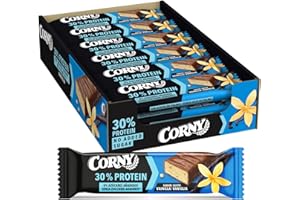 CORNY Protein, Barretta Proteica Al Cioccolato al Latte Aromatizzato alla Vaniglia, Con edulcoranti, Ricca di Proteine, Senza Zuccheri Aggiunti, 18 Barrette x 50gr