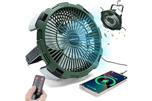 Geegear Ventilador de Acampar con Linterna LED, Recargable Ventilador de Tienda Control Remoto 4 Velocidades Ventilador de Escritorio Ventilador de Mesa Power Bank para Viaje Picnic Pesca Oficina