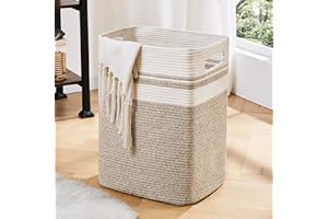 OIAHOMY Laundry Hamper - Tall Cotton Storage Basket with Handles - Decorative Blanket Basket for Living Room, Collapsible Large Basket for Toys, Pillows, Clothes - 16x13x22in - Yellow Variegated