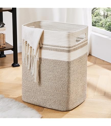 VIPOSCO Großer Wäschekorb Aus Baumwollseil – 58 Liter, Grau-weiß, Für Decken, Spielzeug, Wäsche