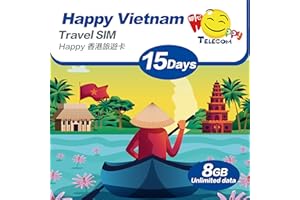 HAPPY TELECOM Happy Vietnam Carte SIM de voyage illimitée 15 jours | Pas de limite quotidienne | 8 Go de données 4G LTE haut débit puis 128 kbps | Activation facile | Pas d'enregistrement