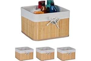 Relaxdays Kosz do przechowywania, zestaw 2 sztuk, bambus, wkładka materiałowa, (wys. x szer. x gł.): 20 x 31 x 31 cm, otwór do chwytania koszyka, kosz regałowy, naturalny/biały