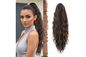 FESHFEN Pferdeschwanz mit Klammer, Lange Wellig Lockig Haarextension Synthetik Zopf Haarverlängerung Claw Clip in Haarteil Ponytail für Damen 65cm Schwarzbraun Gemischt Hellbraun